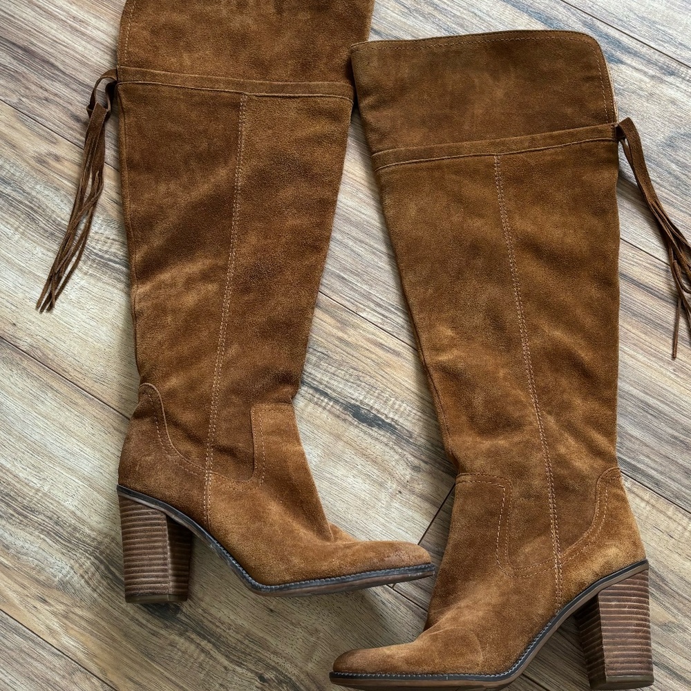 Franco Sarto Ellyn Over The Knee Boots Brown Suede EUC Size 11